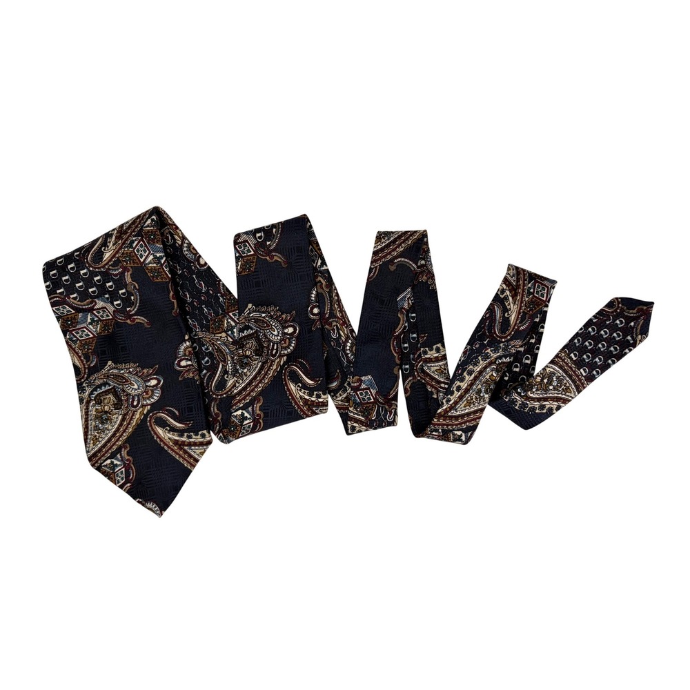 Izod Mens Silk Necktie Navy Blue Paisley Geometric Foulard Print Made in USA - Picture 1 of 9